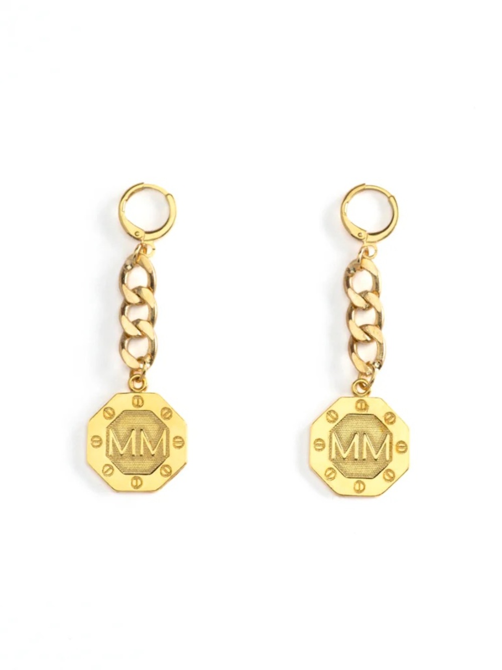24k Gold Plated Chain Drop Earrings with Octagonal MM Medallions NWOT